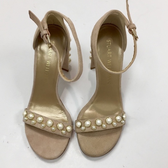 Stuart Weitzman More Pearls Bisque Suede Sandals Size 5 - Picture 5 of 17